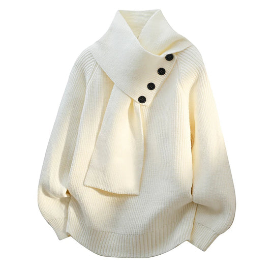 Seraphine | Pull Femme en Maille Oversize Col Châle à Boutons et Écharpe