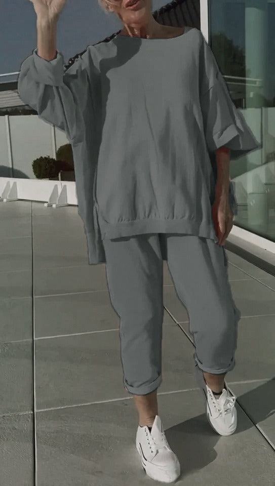 Solène | Ensemble Femme Oversize Top Col Rond et Pantalon Fuselé