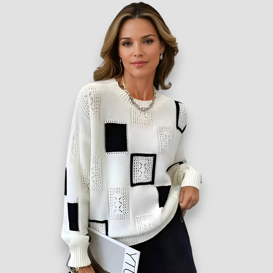 Sylvara | Pull Femme en Maille Patchwork Ajourée Col Rond Oversize