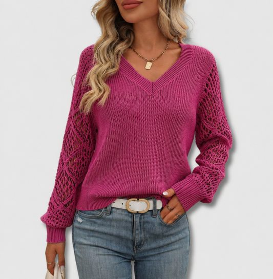 Valeria | Pull Femme en Maille Ajourée Col V Manches Ballon