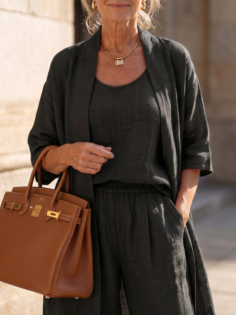 Yael | Ensemble Femme 3 Pièces en Lin Kimono Top et Pantalon Jambe Large