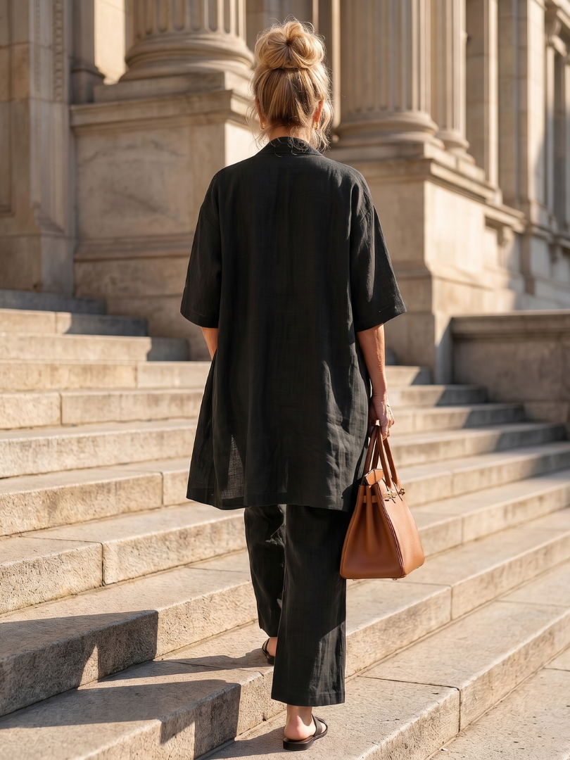 Yael | Ensemble Femme 3 Pièces en Lin Kimono Top et Pantalon Jambe Large