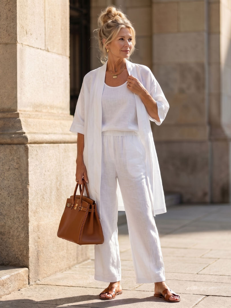 Yael | Ensemble Femme 3 Pièces en Lin Kimono Top et Pantalon Jambe Large
