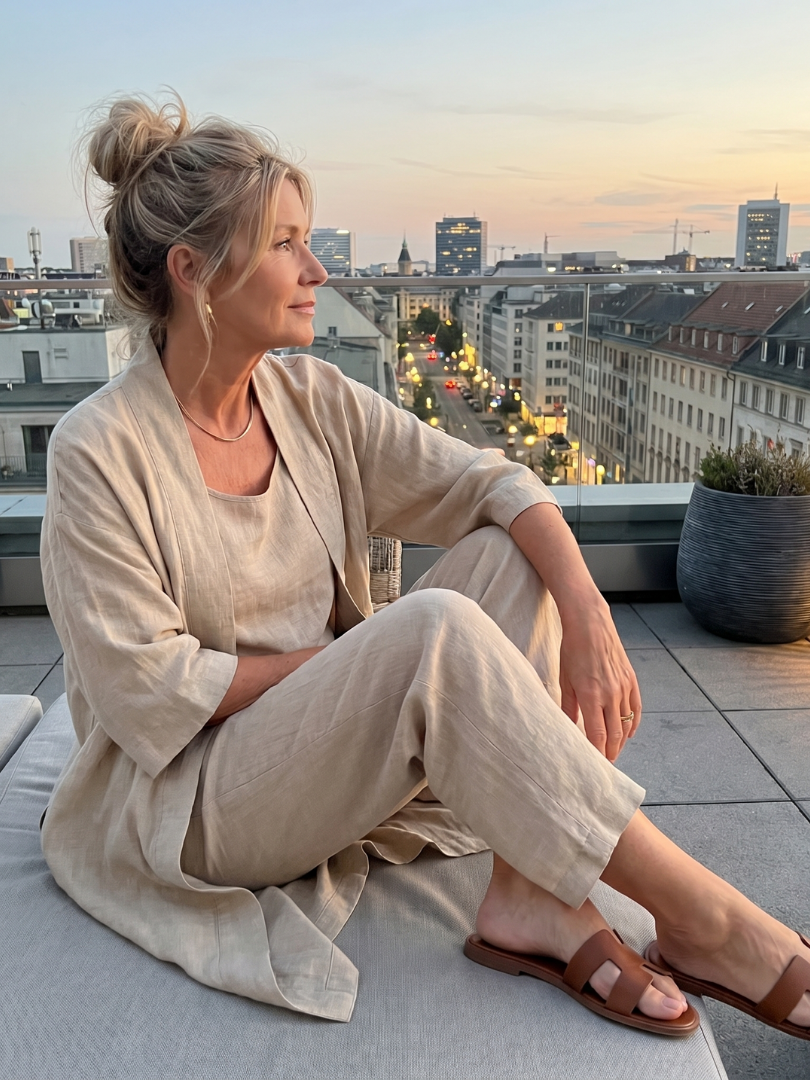 Yael | Ensemble Femme 3 Pièces en Lin Kimono Top et Pantalon Jambe Large