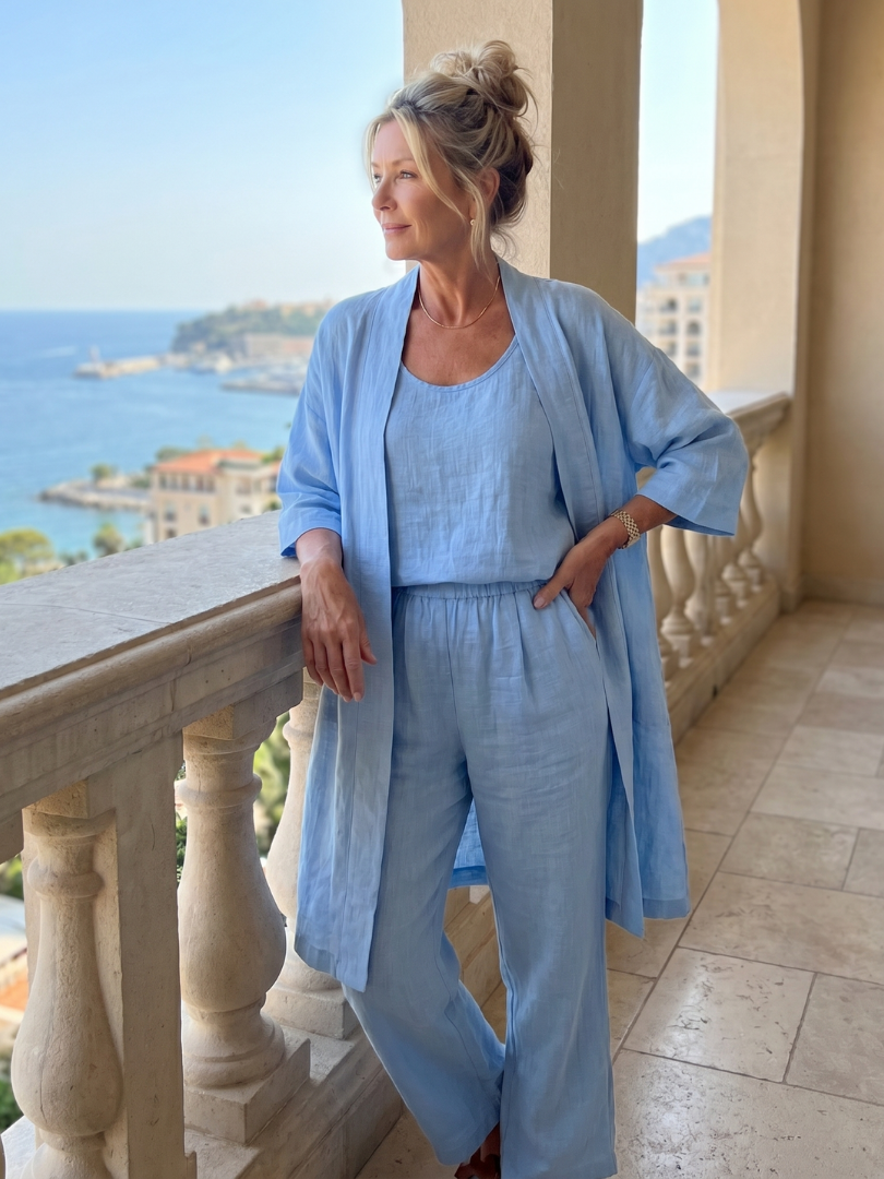 Yael | Ensemble Femme 3 Pièces en Lin Kimono Top et Pantalon Jambe Large