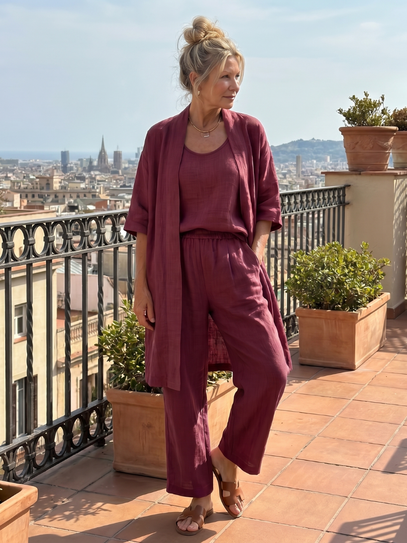Yael | Ensemble Femme 3 Pièces en Lin Kimono Top et Pantalon Jambe Large
